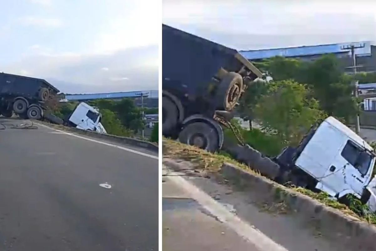 Carreta cai em ribanceira na BR-101 em Cariacica e interdita trânsito por quase sete horas 1 Notícias Vitória