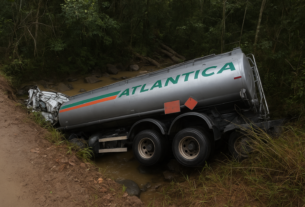 Caminhão-tanque despenca de ponte na ES-190 e cai em córrego de Ibitirama; motorista fica ferido