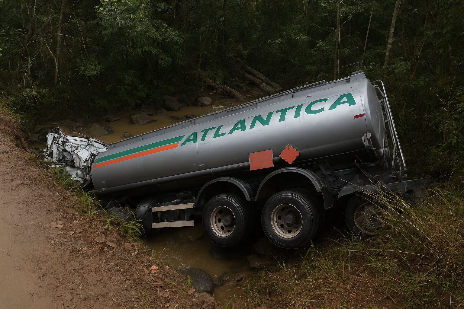 Caminhão-tanque despenca de ponte na ES-190 e cai em córrego de Ibitirama; motorista fica ferido