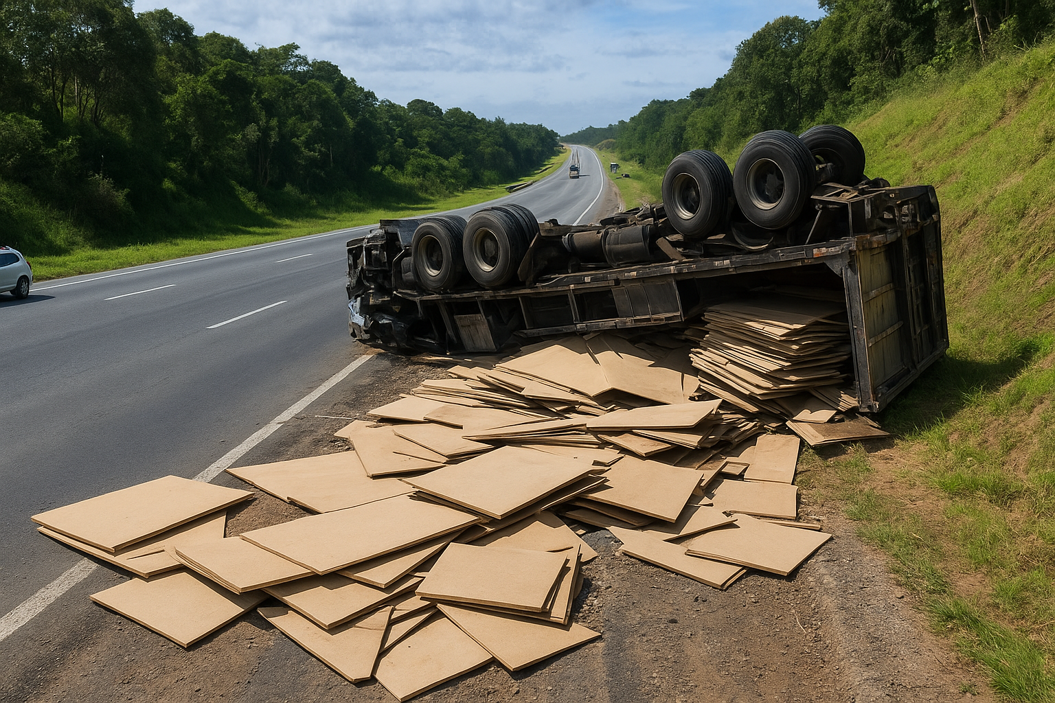 Carreta tombada no km 183 da BR-101 em Aracruz complica trânsito por três dias; carga de MDF foi removida