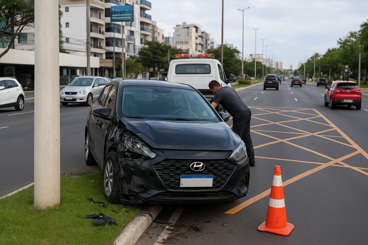 Carro atinge poste após colisão na Avenida Dante Michelini, em Vitória