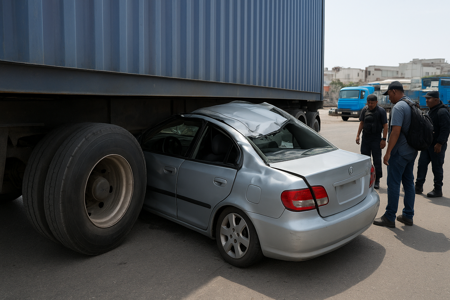 Carro fica preso debaixo de carreta com contêiner após colisão em Cariacica