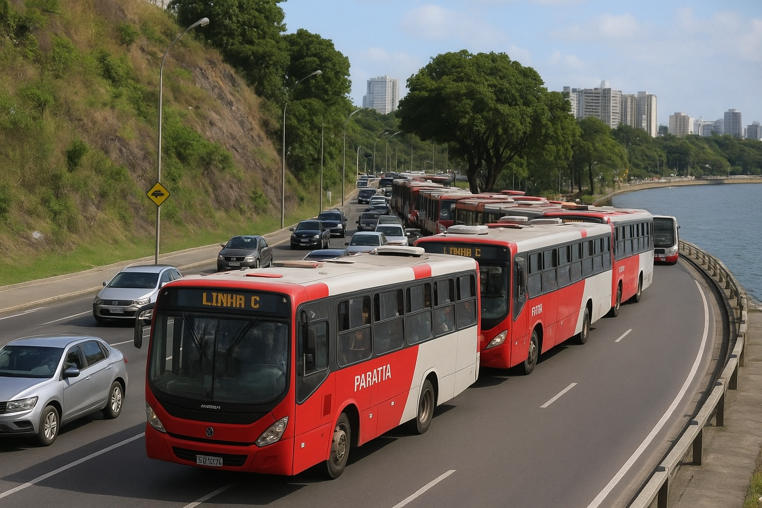 Cinco ônibus bloqueiam faixa e causam lentidão na Avenida Vitória, em frente à Curva do Saldanha