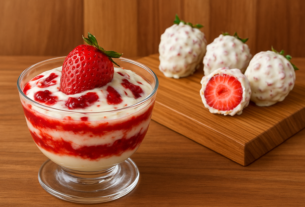 Morango cravejado no pote: receita individual com calda crocante e chocolate branco