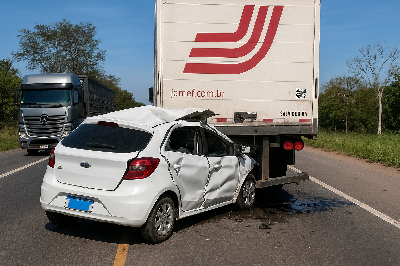 Motorista fica ferido após Ford Ka bater na traseira de caminhão-baú na BR-101 em Linhares