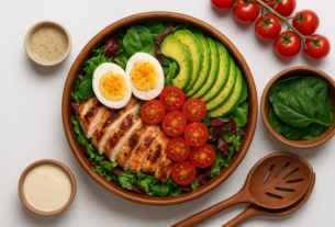 Salada proteica com frango, abacate e ovo — receita prática e nutritiva